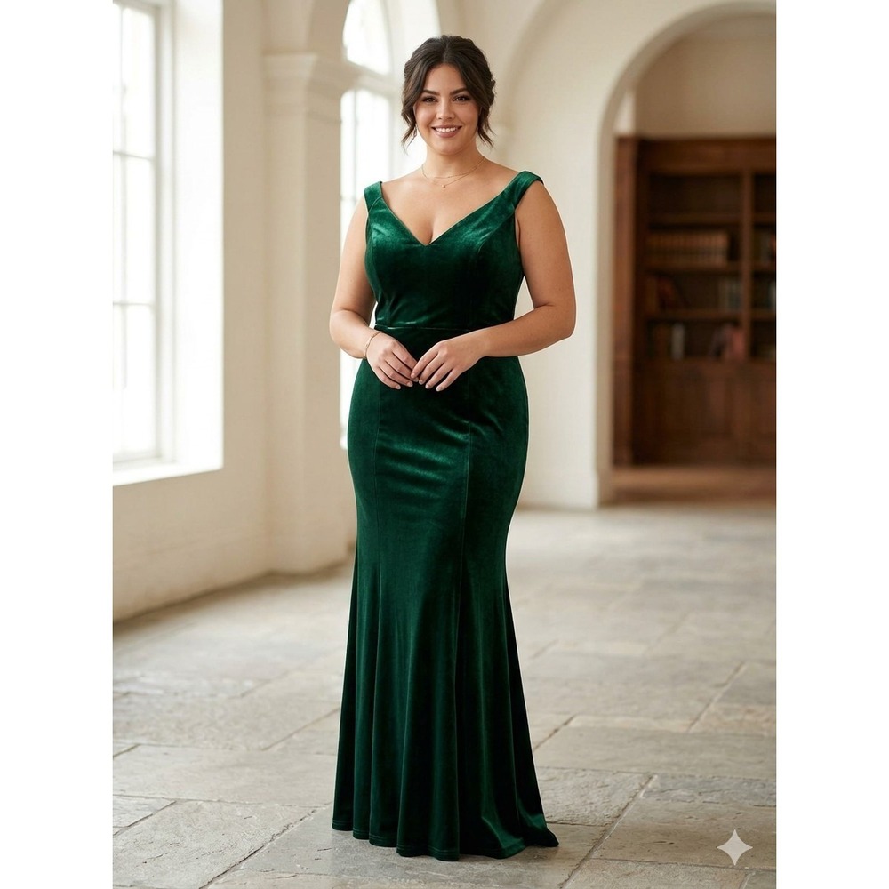 Belsoie Women's Fit Flare Maxi Dress Size 14 Green Velvet Formal Evening Mermaid